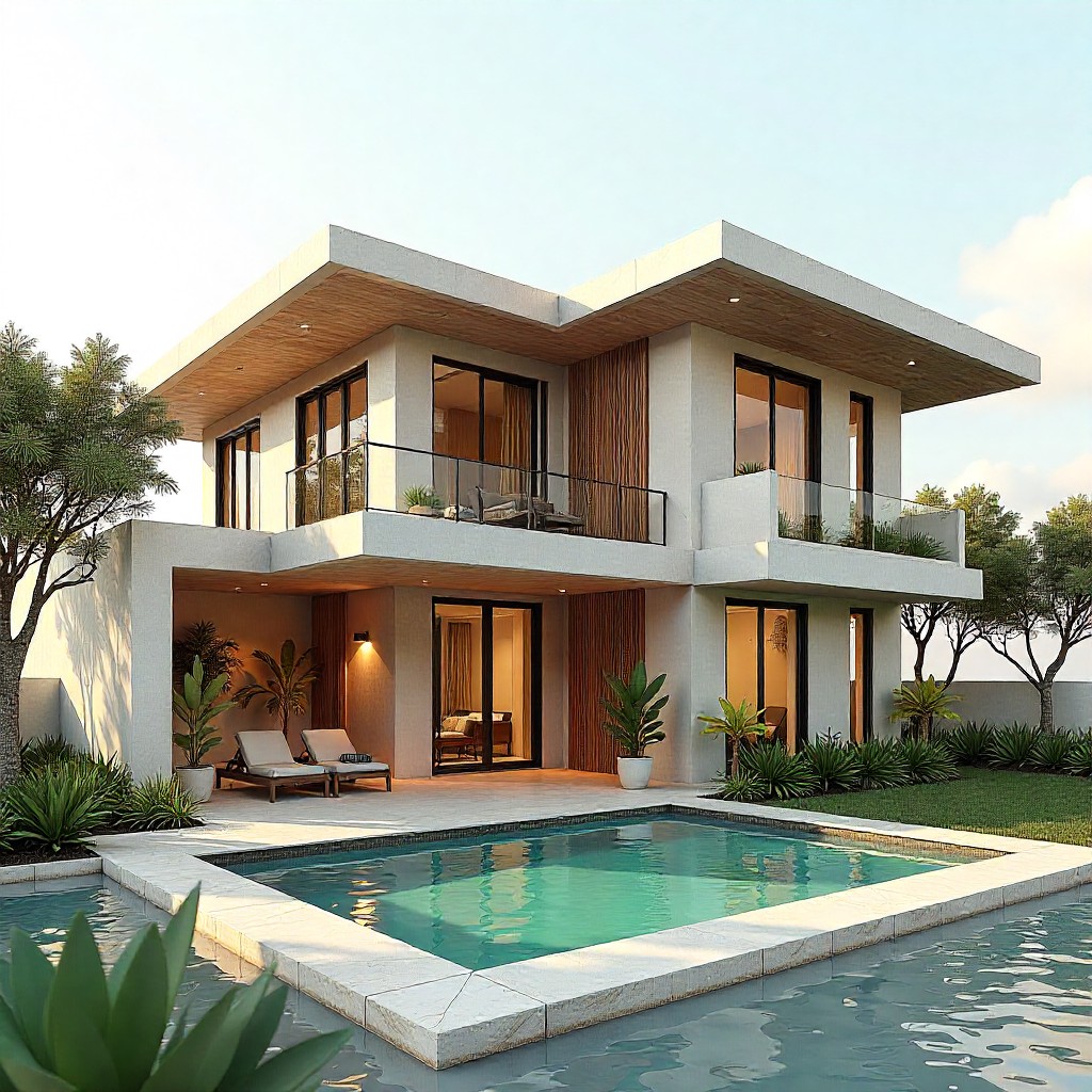 Vivienda moderna con piscina al atardecer