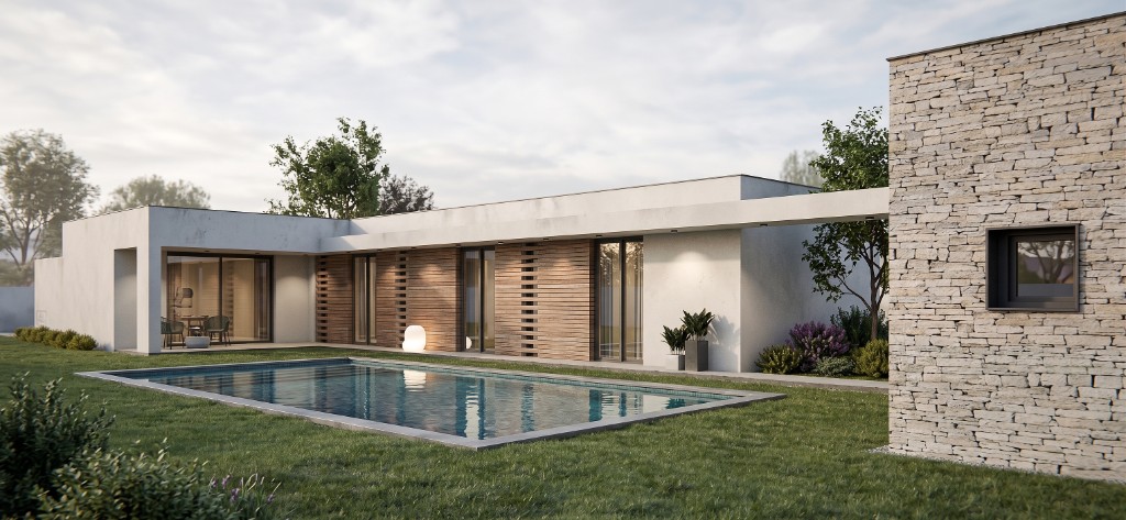 Vista exterior alternativa del Modelo M3-03 con piscina y pérgola