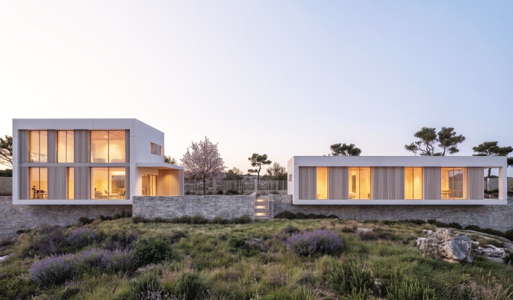 Vivienda unifamiliar moderna al atardecer