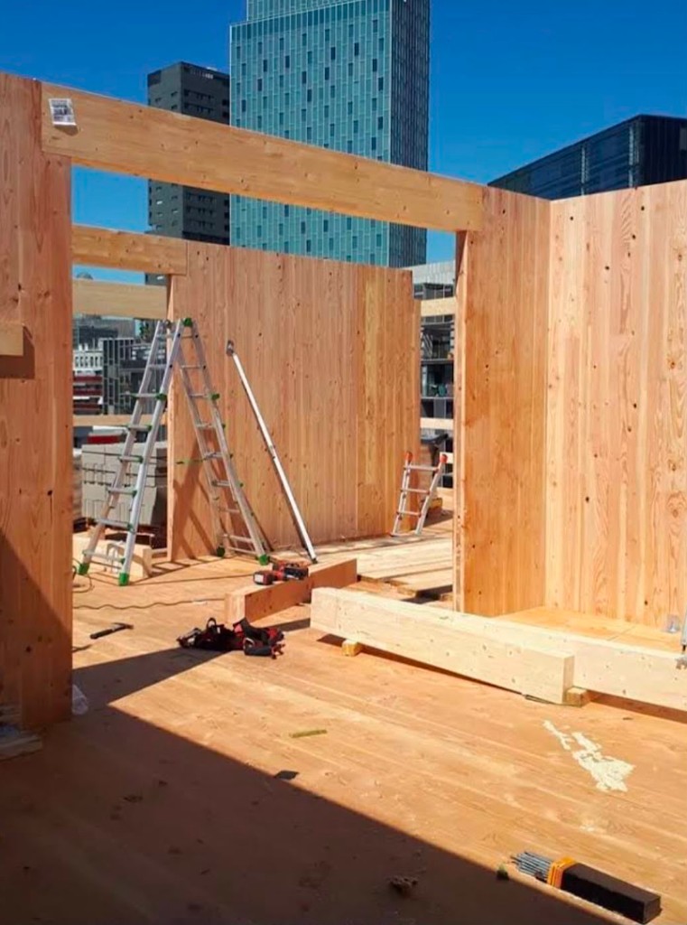 Estructura de madera en obra con vistas urbanas
